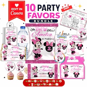 May include: A party favour bundle featuring Minnie Mouse graphics with pink and white accents. Items include a gift bag, water bottle label, chip bag, juice pouch, candy bar wrapper, cupcake toppers, lollipop, and treat box, all labelled Oh Two-dles! Amelia Is Turning.