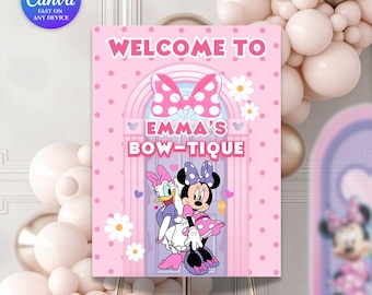 Minnie mouse bowtique | Mickey mouse clubhouse | Minnie Mouse TwoDles Birthday Welcome Sign Template | Editable Printable Party Sign Canva