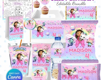 ギャビー・レインボー・バースデーパーティー・バンドル｜編集可能なCanvaテンプレート｜11アイテムのパーティーキット｜ギャビー・ドールハウス・テーマのパーティー｜ボーナスアクティビティ・プレイスマット