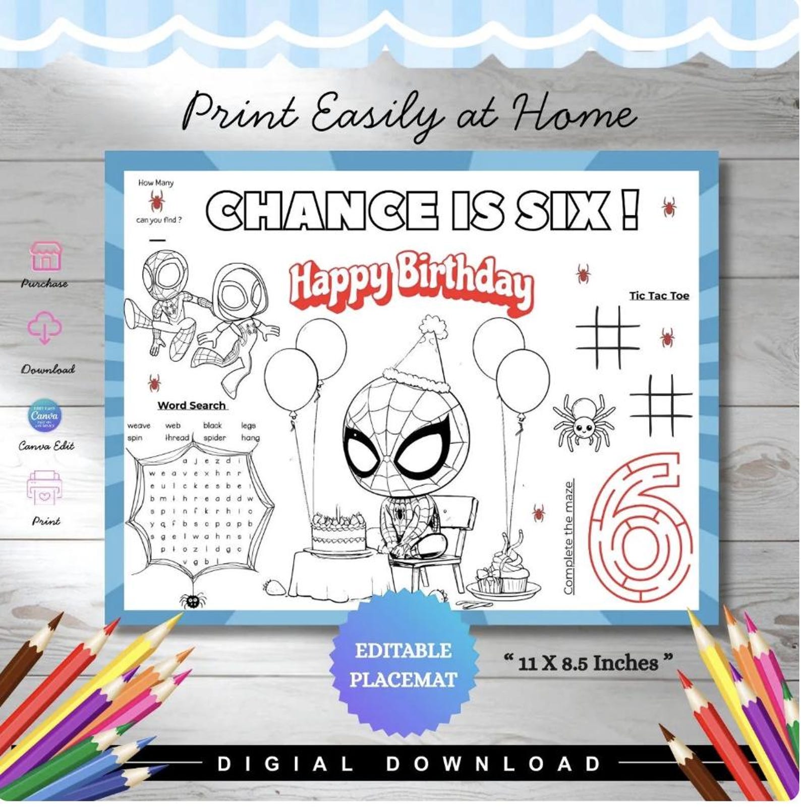 Editable Spiderman Birthday Coloring Placemat | Personalized Spiderman ...