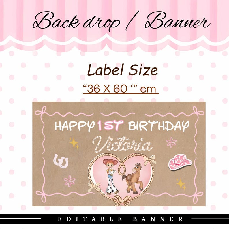 Personalized cowgirl birthday sign designed for instant download, featuring a blush western aesthetic, custom child name, editable Canva template, and large party decoration.