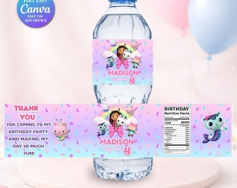 ギャビーレインボーバースデーパーティーウォーターボトルラベル｜編集可能なCanvaテンプレート｜ギャビードールハウステーマパーティー