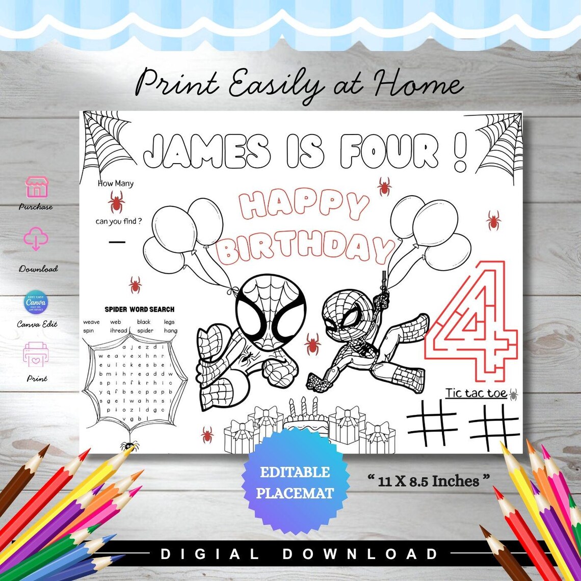 Editable Spiderman Birthday Coloring Placemat | Personalized Spiderman ...