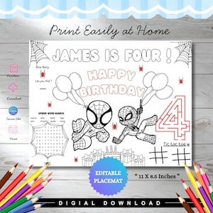 Editable Spiderman Birthday Coloring Placemat | Personalized Spiderman ...