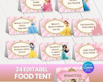 Princess Food Tents | Princess Food Labels | 24 Party Favors | Royal Party bday | Pink Aesthetic  | Editable Food Tent Instant Download PDF