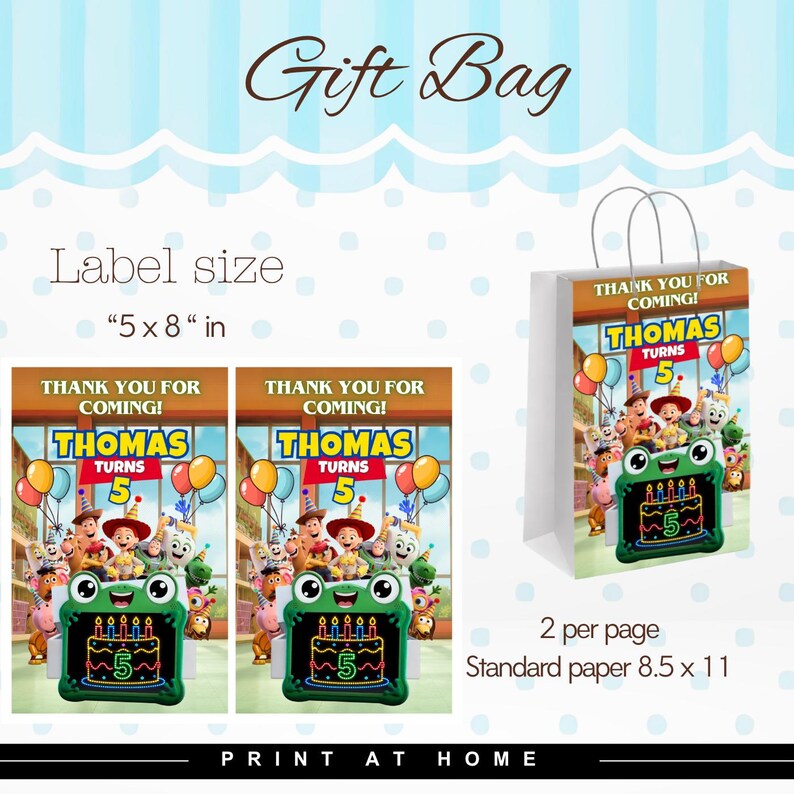 May include: A printable gift bag label measuring 12.7 by 20.3 cm, featuring a birthday theme with the text 'Thomas Turns 5' and 'Thank You For Coming'. The design includes cartoon characters and a green frog-shaped cake with five candles.