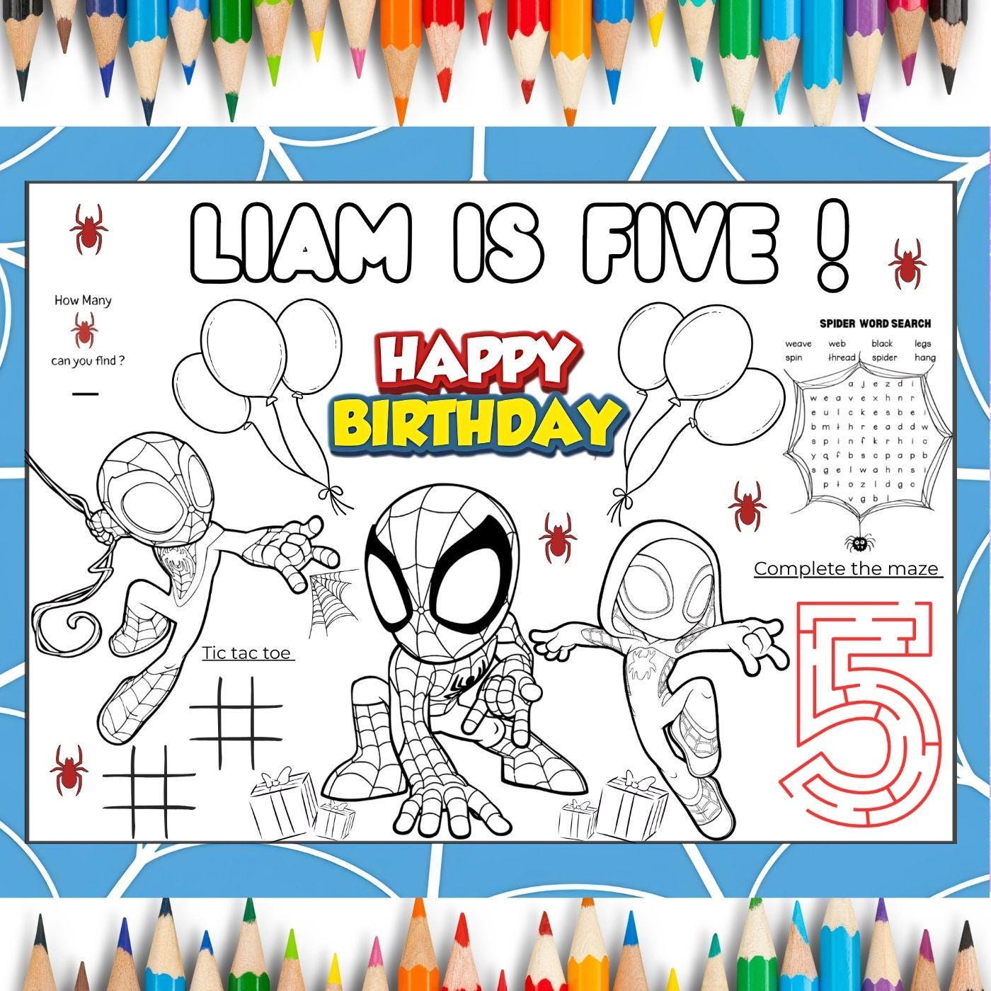 Editable Spiderman Birthday Coloring Placemat | Personalized Spiderman ...