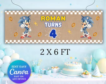 Szablon baneru urodzinowego Sonic | Baner z jeżem wydrukowany | Edytowalny baner Canva | Malowany znak DIY o wymiarach 2 x 6 stóp | Pobieranie cyfrowe | Canva