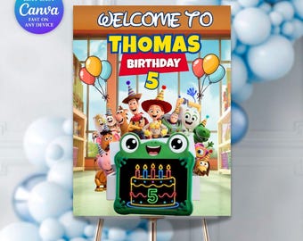 Tabliczka powitalna Toy Story | Tabliczka niestandardowa | Edytowalna tabliczka Toy Story | Dodaj swoje zdjęcie Urodziny | Dekoracja na imprezę Toy Story 5 | Estetyczna Canva