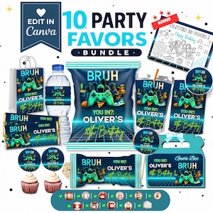 Könnte beinhalten: Ein digitales Party-Set mit Gaming-Motiv und dem Text BRUH, YOU IN? OLIVER'S 10TH BIRTHDAY. Enthält Etiketten für Wasserflaschen, Schokoriegel, Chipstüten, Saftbeutel, Cupcake-Topper und eine Geschenkschachtel mit blauem Gitterhintergrund.