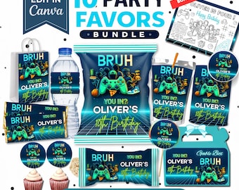 Può includere: Un set digitale di articoli per feste a tema gaming con il testo BRUH, YOU IN? OLIVER'S 10TH BIRTHDAY. Include etichette per bottiglie d'acqua, barrette di cioccolato, sacchetti di patatine, succhi, decorazioni per cupcake e una scatola regalo.