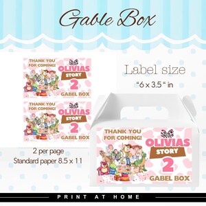 May include: A white gable box with a handle, featuring a pink cow print design and a cartoon character illustration. The text includes "Olivia's Story 2" and "Thank You For Coming!" Label size is 6 x 3.5 inches.