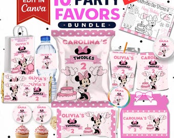 May include: A digital party favor bundle featuring Minnie Mouse themed designs in pink and white. Includes labels for water bottles, chip bags, candy bars, juice pouches, cupcake toppers, and favor boxes with text like Olivia's Twodles 2.