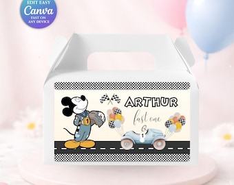Caixa de lembrancinhas do Mickey Mouse | Sacola de doces para o primeiro aniversário do Mickey Roadster | Aniversário de um ano (editável) | Chá de bebê do Mickey | Sacola de guloseimas