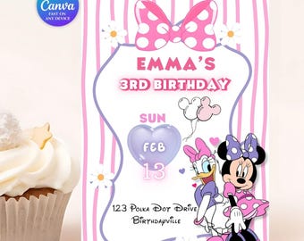 Zaproszenie urodzinowe Bowtique Minnie z możliwością edycji, motyw imprezy Myszka Minnie | Zaproszenia dla przyjaciółek Minnie i Daisy | Estetyczne zaproszenie Canva