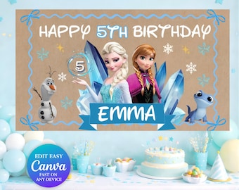 Gefrorene Kulisse | Frozen Banner | Eisprinzessin Geburtstag Banner Vorlage | Bearbeitbare Winter Party Kulisse Digital Download Canva