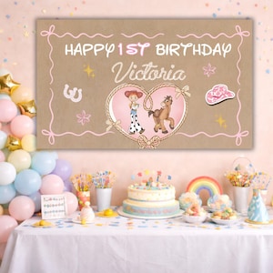 Pink rodeo birthday banner template for girls with customizable age, rustic country party artwork, printable event backdrop, and editable digital design for birthdays.
