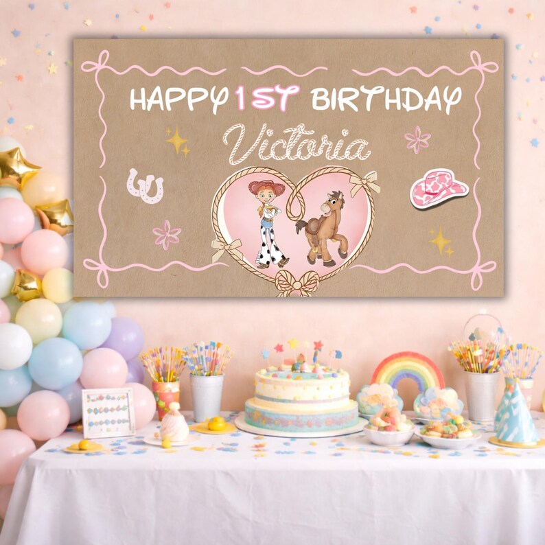 Pink rodeo birthday banner template for girls with customizable age, rustic country party artwork, printable event backdrop, and editable digital design for birthdays.