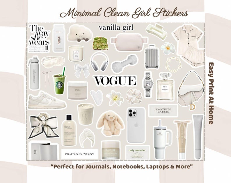 Op de afbeelding: Een verzameling Minimal Clean Girl Stickers met diverse lifestyle-items in neutrale tinten. Bevat stickers van een wolk, koptelefoon, een Starbucks-beker, een parfumfles en het woord "Vogue". De tekst "Minimal Clean Girl Stickers" staat bovenaan.