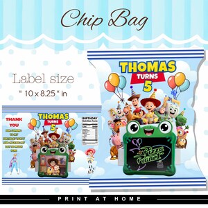 May include: A custom chip bag design with the text "THOMAS TURNS 5" and a collection of cartoon characters. The label size is 25.4 x 20.96 cm. The design includes balloons and the words "Chip Bag".