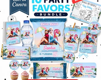 Frozen Fun Summer Party Birthday Bundle , Pool Party Birthday Frozen | Editable Frozen Party Decor | Pool Party Anna Elsa Olaf | Canva