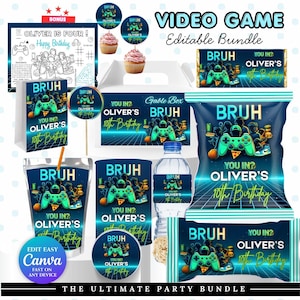 May include: A video game-themed party bundle with various items. Includes a gable box, chip bag, water bottle, juice pouch, cupcake toppers, and more. The design features a teal controller, basketball, and the text "BRUH" and "Oliver's 10th Birthday".