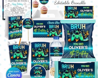 Pacote de Aniversário Gamer | Pacote de Lembrancinhas para Festa de Aniversário Gamer | Pacote Neon de Impressões para Festa de Videogame | Bônus Gamer Editável no Canva