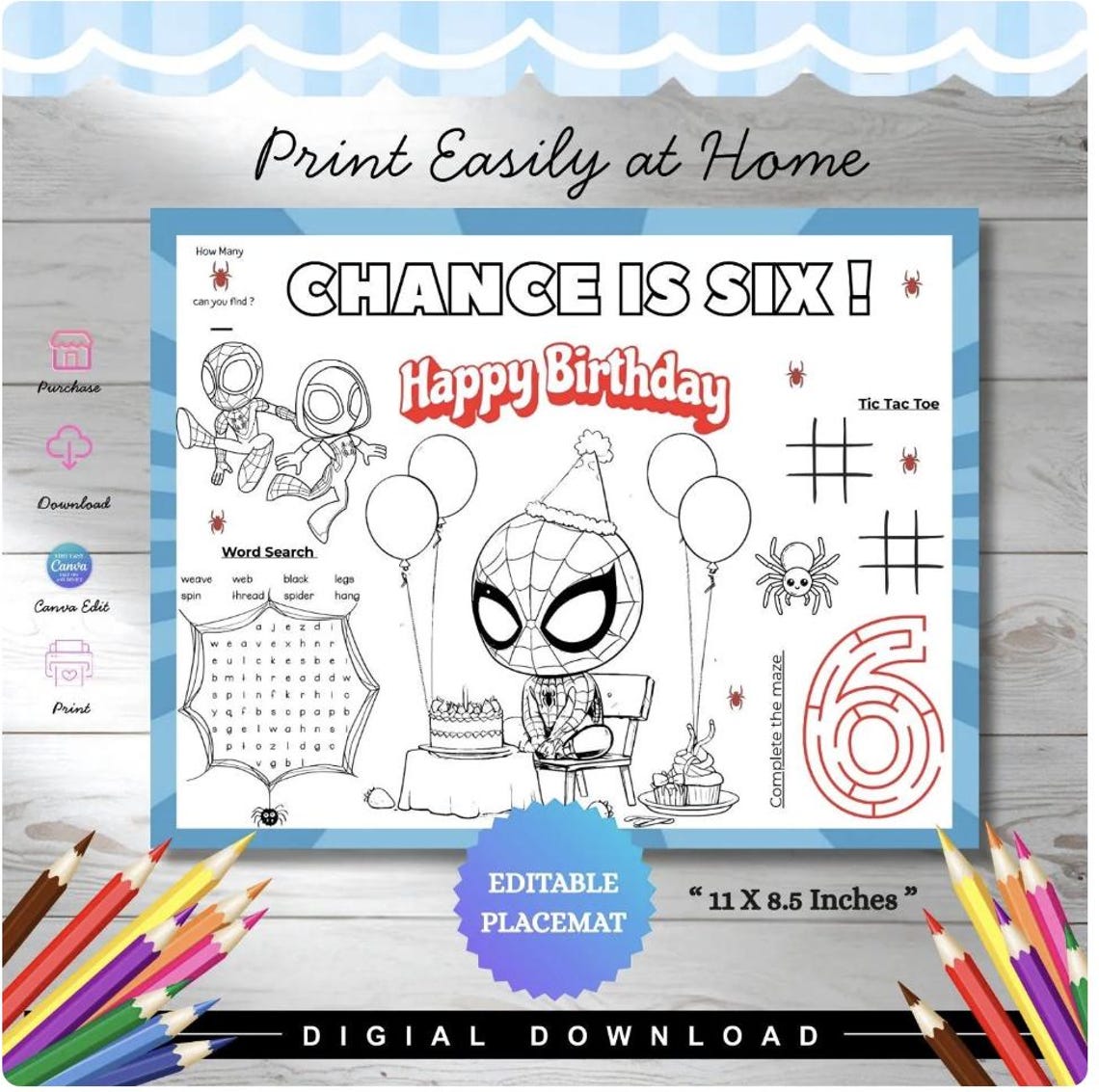 Editable Spiderman Birthday Coloring Placemat | Personalized Spiderman ...