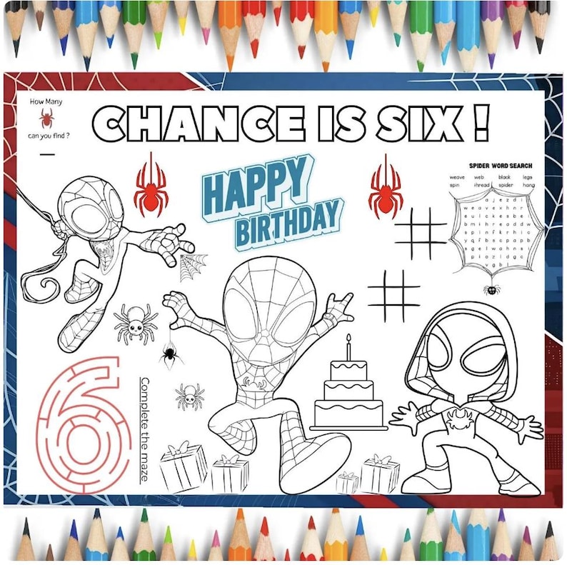 Editable Spiderman Birthday Coloring Placemat | Personalized Spiderman ...