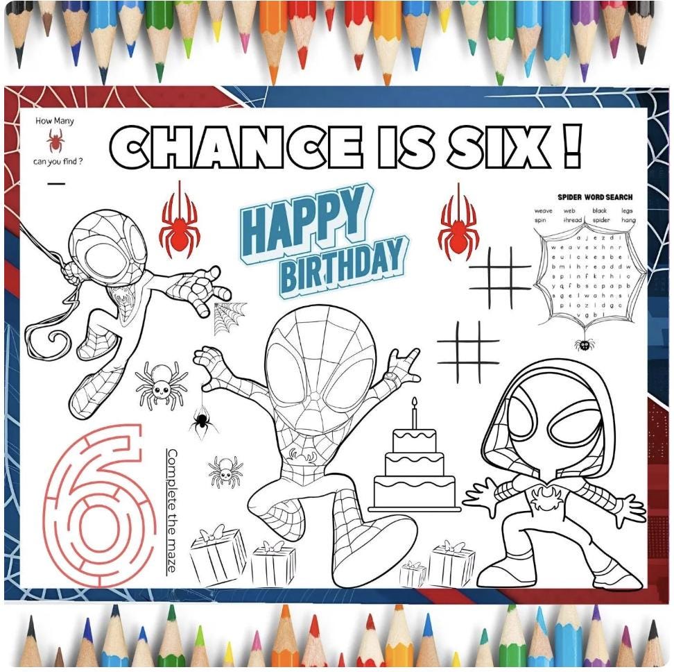 Editable Spiderman Birthday Coloring Placemat | Personalized Spiderman ...