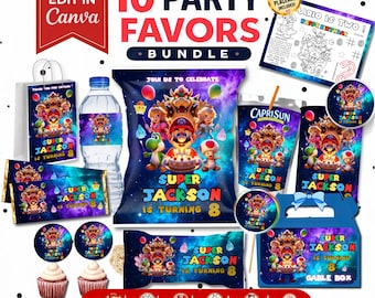 Zestaw urodzinowy Super Mario | Etykiety na torebki z chipsami Mario | Edytowalny szablon Canva na upominki na imprezę Mario Bros | Dekoracje na imprezę Mario | Bonus