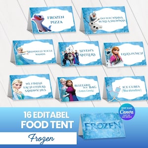 May include: A collection of 16 editable food tent cards with a Frozen theme. Each card features a different character or phrase from the movie, such as "Frozen Pizza" and "Elsa's Punch". The cards are blue and white.