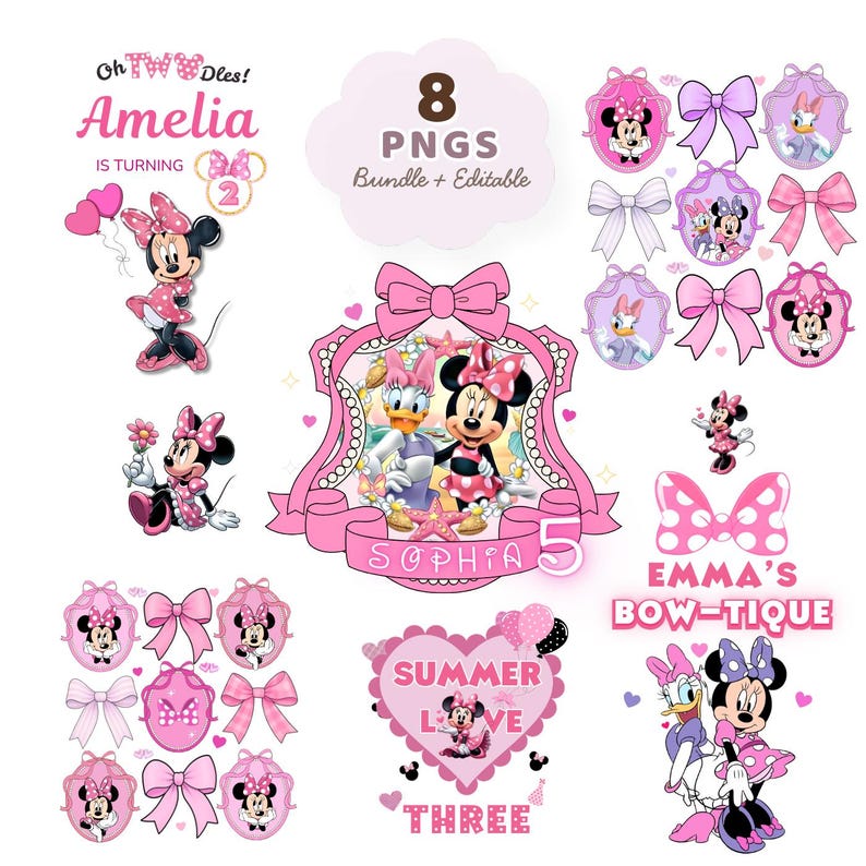 May include: A set of pink Minnie Mouse-themed digital graphics. The designs feature Minnie Mouse, bows, and text elements including "Amelia is turning 2", "Sophia 5", "Summer Love Three", and "Emma's Bow-tique".