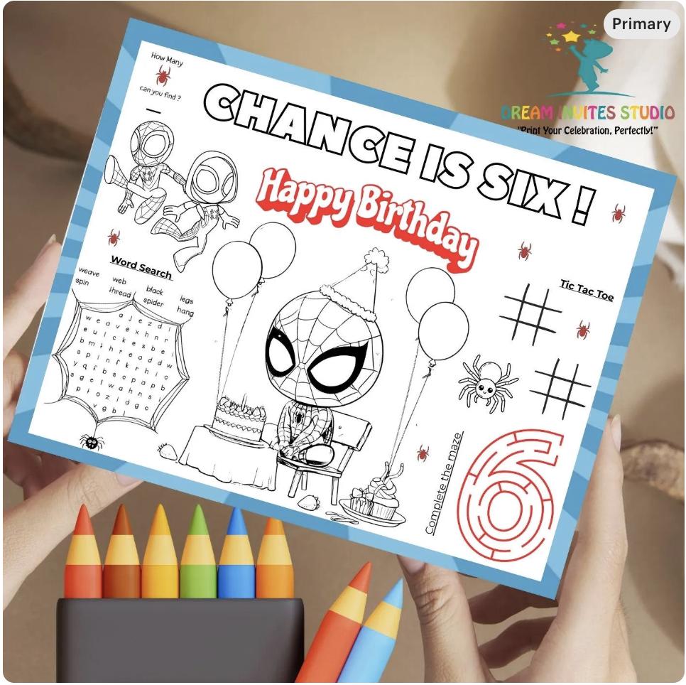 Editable Spiderman Birthday Coloring Placemat | Personalized Spiderman ...