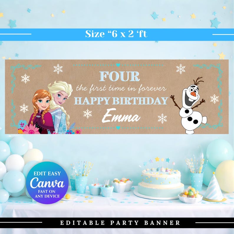 K&ouml;nnte beinhalten: Ein personalisiertes Geburtstagsbanner mit dem Text "FOUR, the first time in forever, HAPPY BIRTHDAY Emma." Das Banner zeigt Illustrationen von Anna, Elsa und Olaf aus dem Film Frozen. Das Banner ist 1,83 Meter mal 0,61 Meter gro&szlig;.