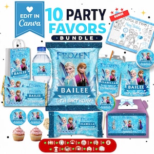 Op de afbeelding: Een Frozen-thema feestartikelenbundel met blauwe en witte verpakkingen met afbeeldingen van Elsa en Anna. De set bevat een cadeauzakje, waterfleslabel, chipzakje, snoepverpakkingen, cupcake-toppers, een traktatiedoosje en een kleurplaat.