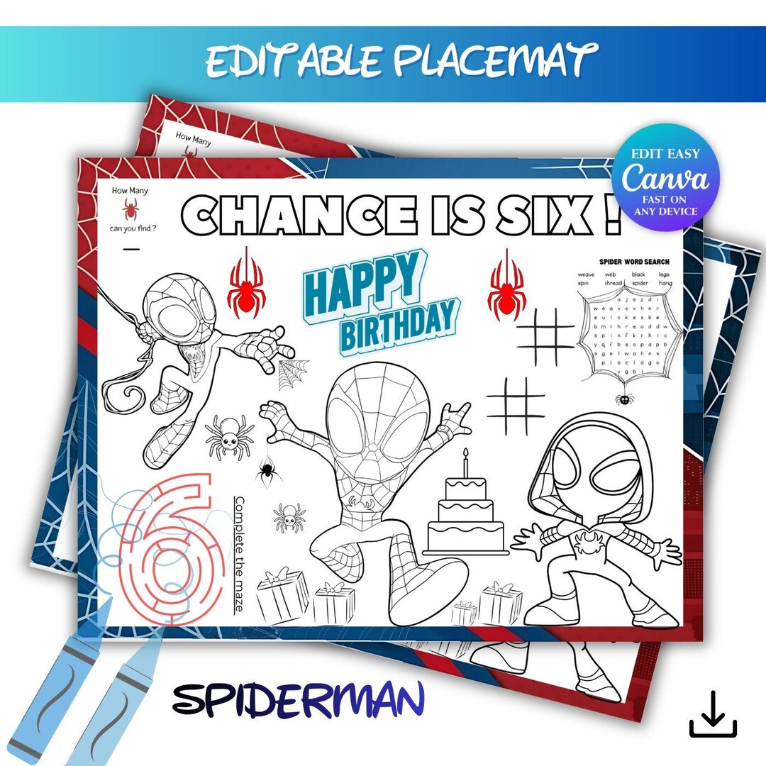 Editable Spiderman Birthday Coloring Placemat | Personalized Spiderman ...