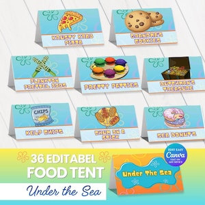 Étiquettes alimentaires modifiables | Fête sous la mer | de 36 dessins animés de tente de nourriture de fête d'anniversaire Tente de nourriture de fête d'éponge | Étiquette de nourriture de fête | Toile