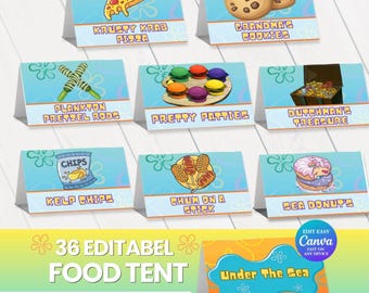 Editable food labels | Under the sea party | 36 Cartoon Birthday Party Food Tent Template Sponge party food tent | Party food label | Canva