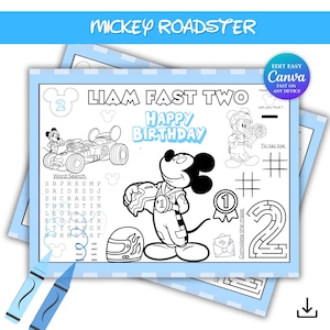 May include: A blue and white Mickey Roadster themed birthday activity sheet. The sheet includes a word search, tic-tac-toe, a maze, and a drawing of Mickey Mouse. The text includes "Liam Fast Two" and "Happy Birthday".