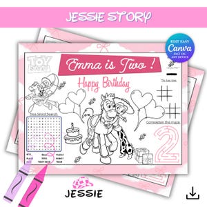 Puede incluir: Una hoja de actividades de cumpleaños imprimible rosa y blanca con personajes de Toy Story, una búsqueda de palabras, tres en raya y un laberinto. El texto dice "¡Emma tiene dos años! Feliz cumpleaños". Incluye crayones y el texto "Edit Easy Canva".
