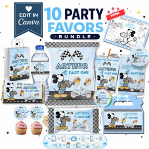 May include: A digital party favour bundle featuring Mickey Mouse racing graphics with the text Arthur Fast One. Includes templates for chip bags, water bottle labels, candy bar wrappers, cupcake toppers, favour boxes, and a colouring sheet, all with a blue and checkered flag theme.