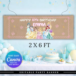 Princess Birthday Banner Template | Princess Backdrop  | Hand Painted Banner | Editable Banner Princess | 2 X 6 FT | Instant Download Canva