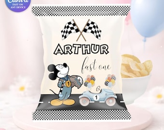 Festa do Mickey com saco de batatas fritas | Aniversário de 1 ano do Mickey Roadster | Aniversário editável de 1 ano | Chá de bebê do Mickey | Mickey Azul