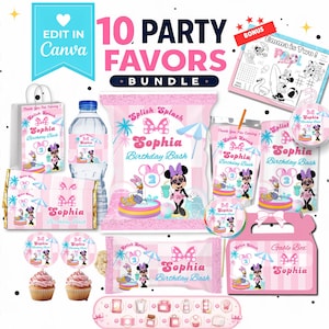 May include: A 10-piece party favor bundle featuring pink and white striped designs with Minnie Mouse graphics, text reading "Sophia Birthday Bash," and "Splish Splash." Includes a water bottle label, chip bags, candy wrappers, and a gable box.