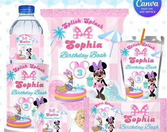 Zestaw urodzinowy Minnie Pool Party z kokardką Myszki Minnie | Klub przyjaciół Myszki Miki | Letnie urodziny Minnie Daisy Edytowalne upominki na imprezę Minnie