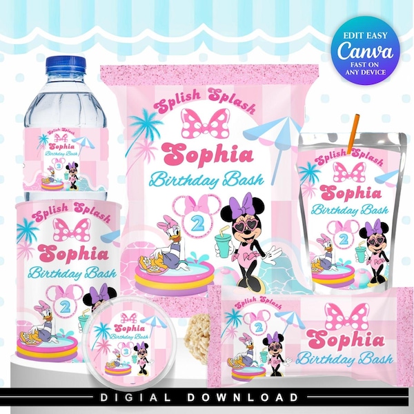 Minnie Pool Party Birthday bundle Minnie mouse bowtique | Mickey mouse clubhouse |Minnie daisy Summer Birthday Editable Minnie Party Favors