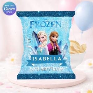 May include: A blue glitter-trimmed chip bag featuring the Disney Frozen characters Elsa and Anna, with the text "FROZEN" and "ISABELLA 5TH BIRTHDAY." The bag has a light blue background with ice crystal graphics.