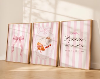 Breakfast Aesthetic | French Coquette Art | Pink Stripe Poster | Trendy coffee poster | Croissant print | Brunch club print Set of 3