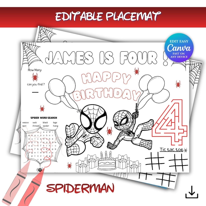 Editable Spiderman Birthday Coloring Placemat | Personalized Spiderman ...